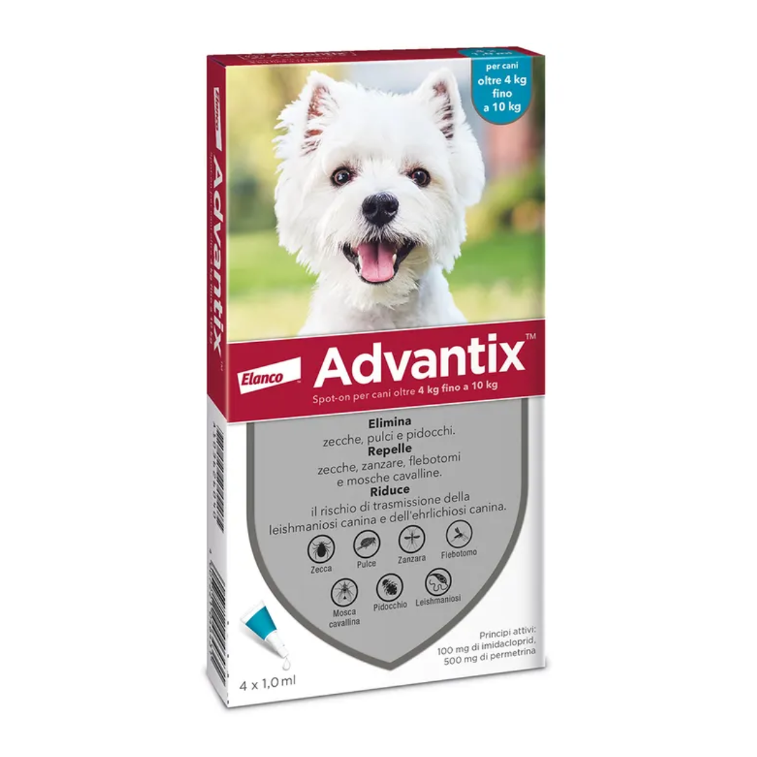 ADVANTIX Spot-on antiparassitario per Cani da 4 Kg fino a 10 Kg, 4 pipette da 1 ml.