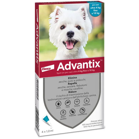 ADVANTIX Spot-on antiparassitario per Cani da 4 Kg fino a 10 Kg, 4 pipette da 1 ml.